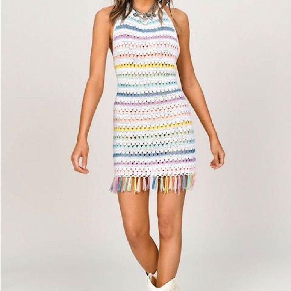 Tobi Sasha Rainbow crochet fringe dress